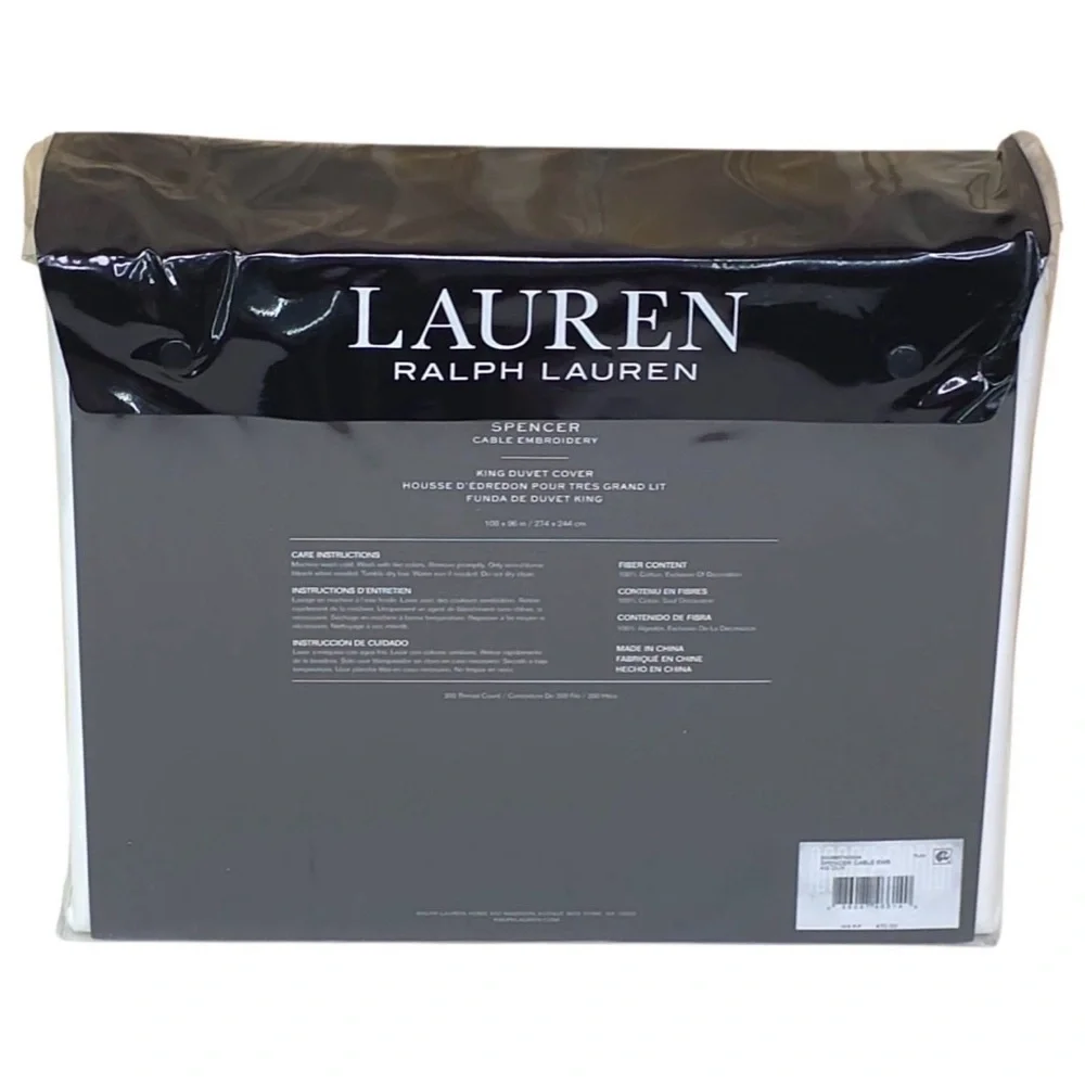 Lauren Ralph Lauren KING Spencer Cable Embroidery Duvet Cover White Cotton NWT
